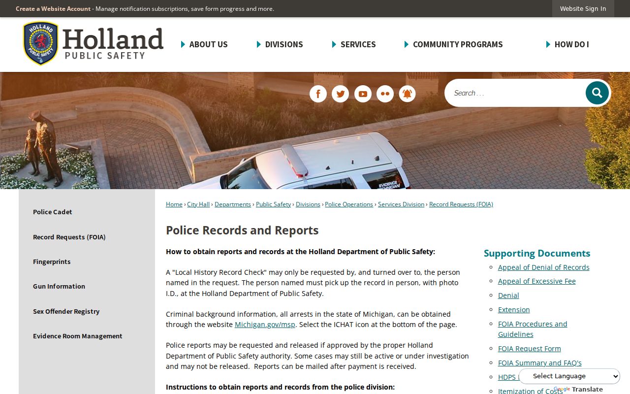 Holland criminal records request and local history check page