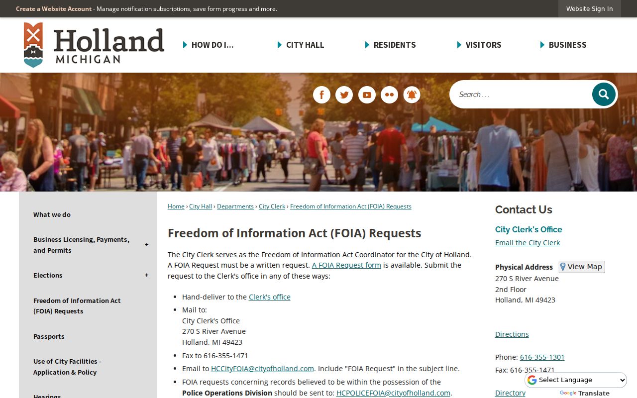 Holland FOIA page for Holland criminal record requests
