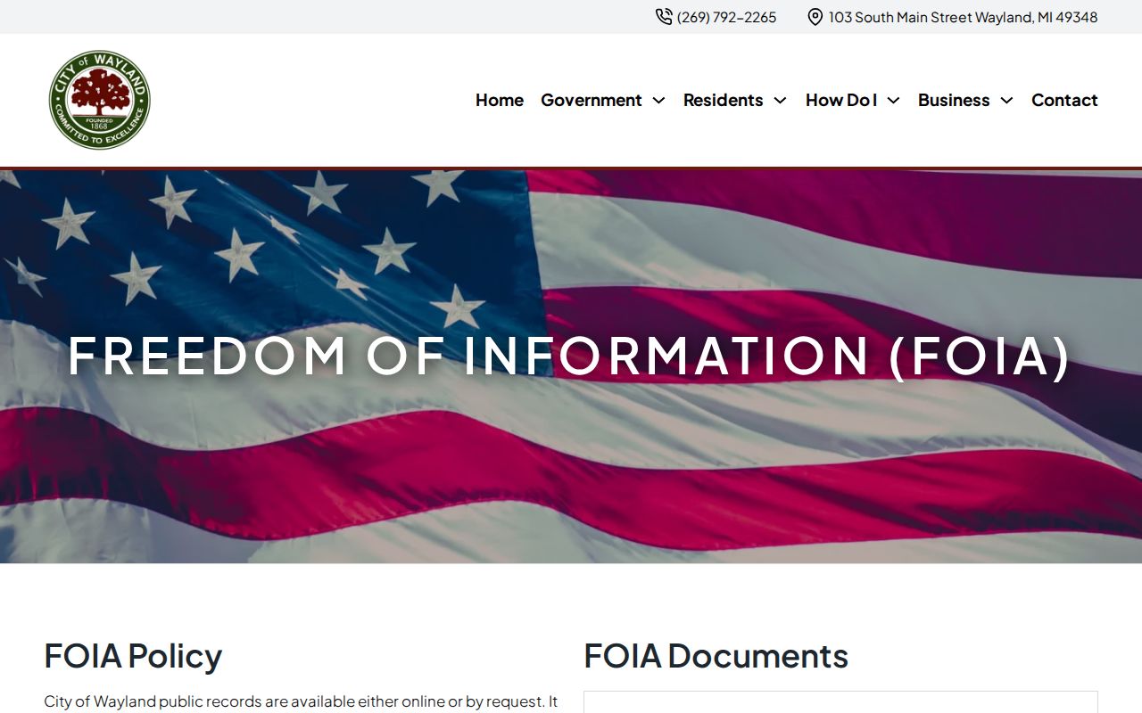 Wayland criminal records request page under Michigan FOIA
